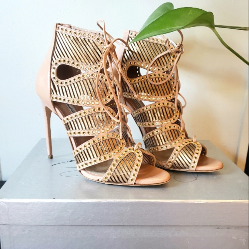 Brian Atwood Lace-Up Leather Stiletto Heels Pink Sz 6